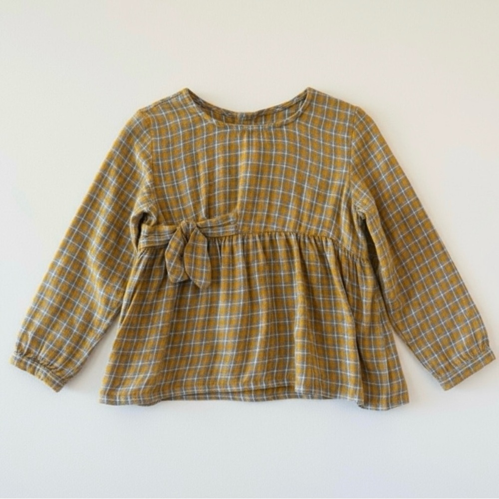 Zara Girls Mustard Gray Plaid Peplum Bow Long Sleeve Top 3-4